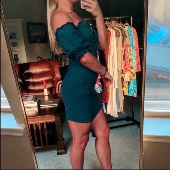 Lulus Dark Forest Green Off Shoulder Lace-up Dress - Picture 4 of 14